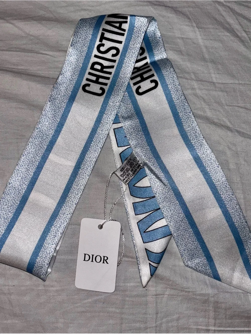 Brand New Twilly  Light Blue and White Christian Dior Logo Silk Scarf